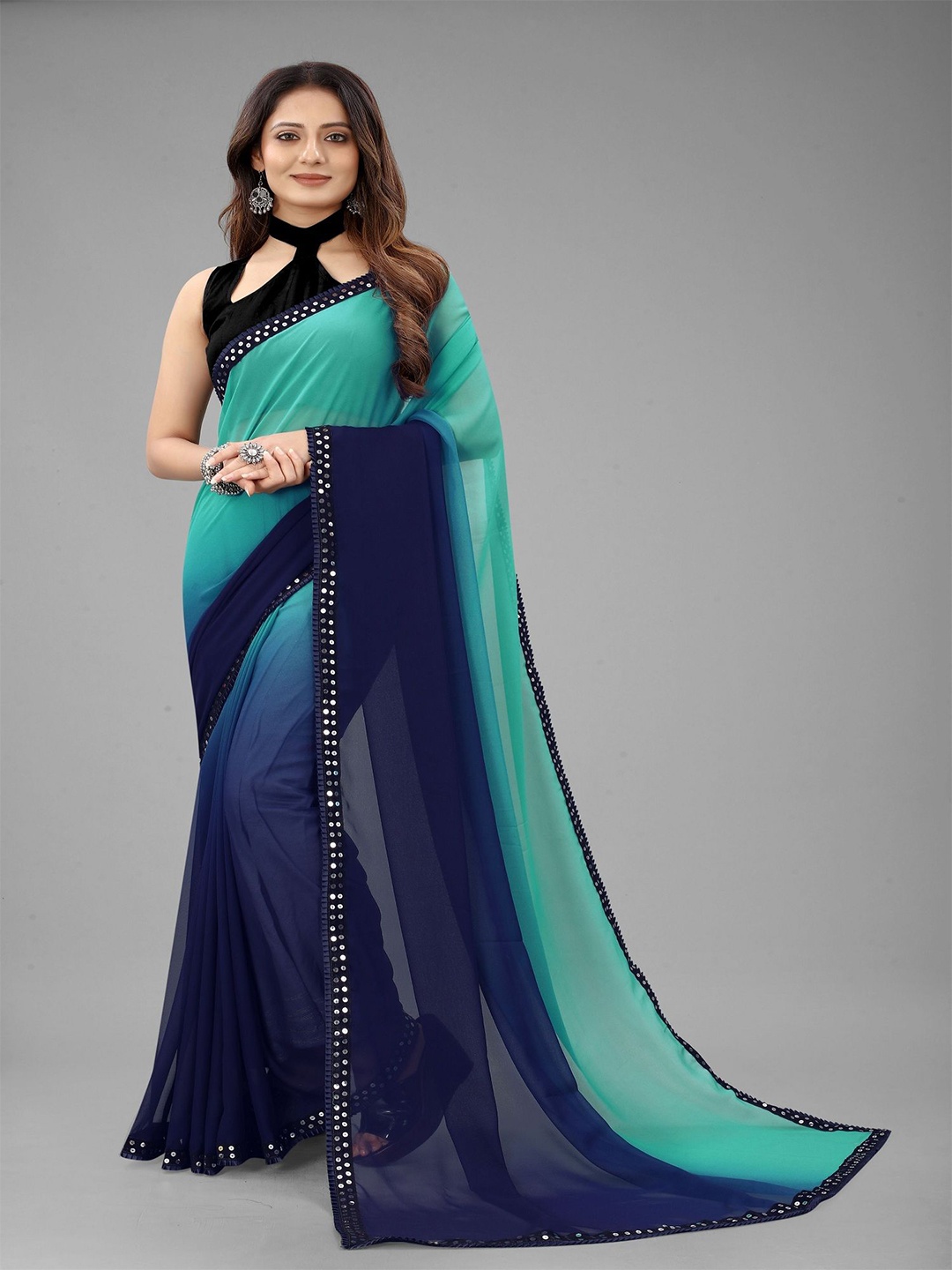 

LADY SHOPI Ombre Sequinned Pure Georgette Saree, Teal