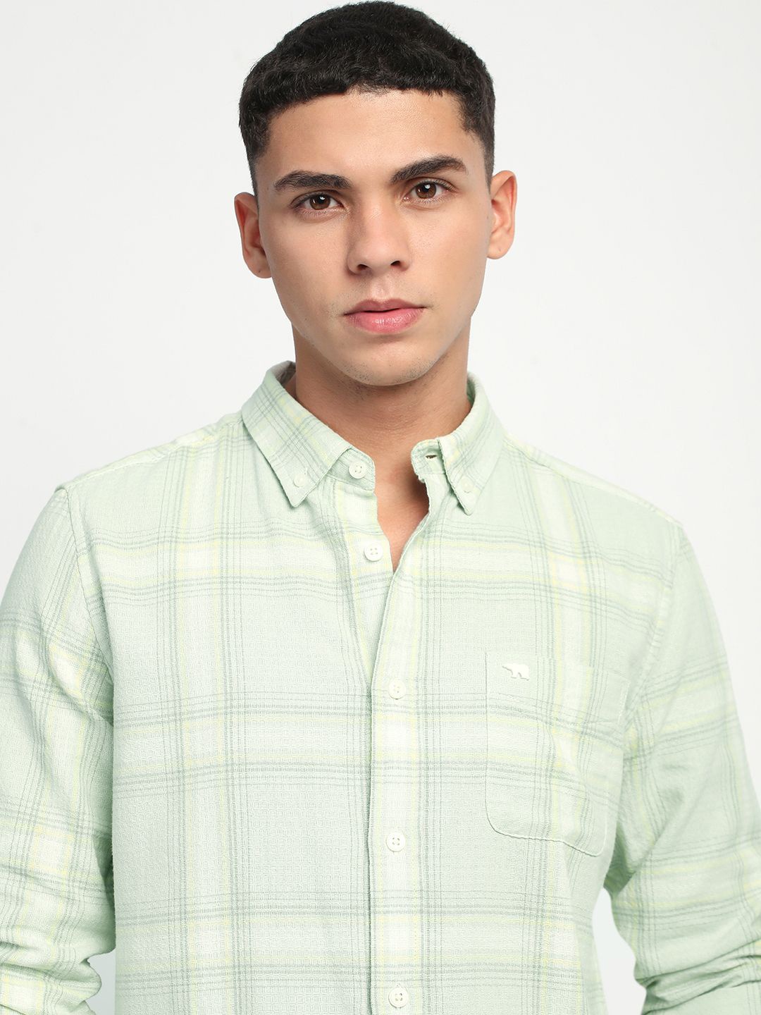 

THE BEAR HOUSE Men Slim Fit Windowpane Checks Opaque Pure Cotton Casual Shirt, Green