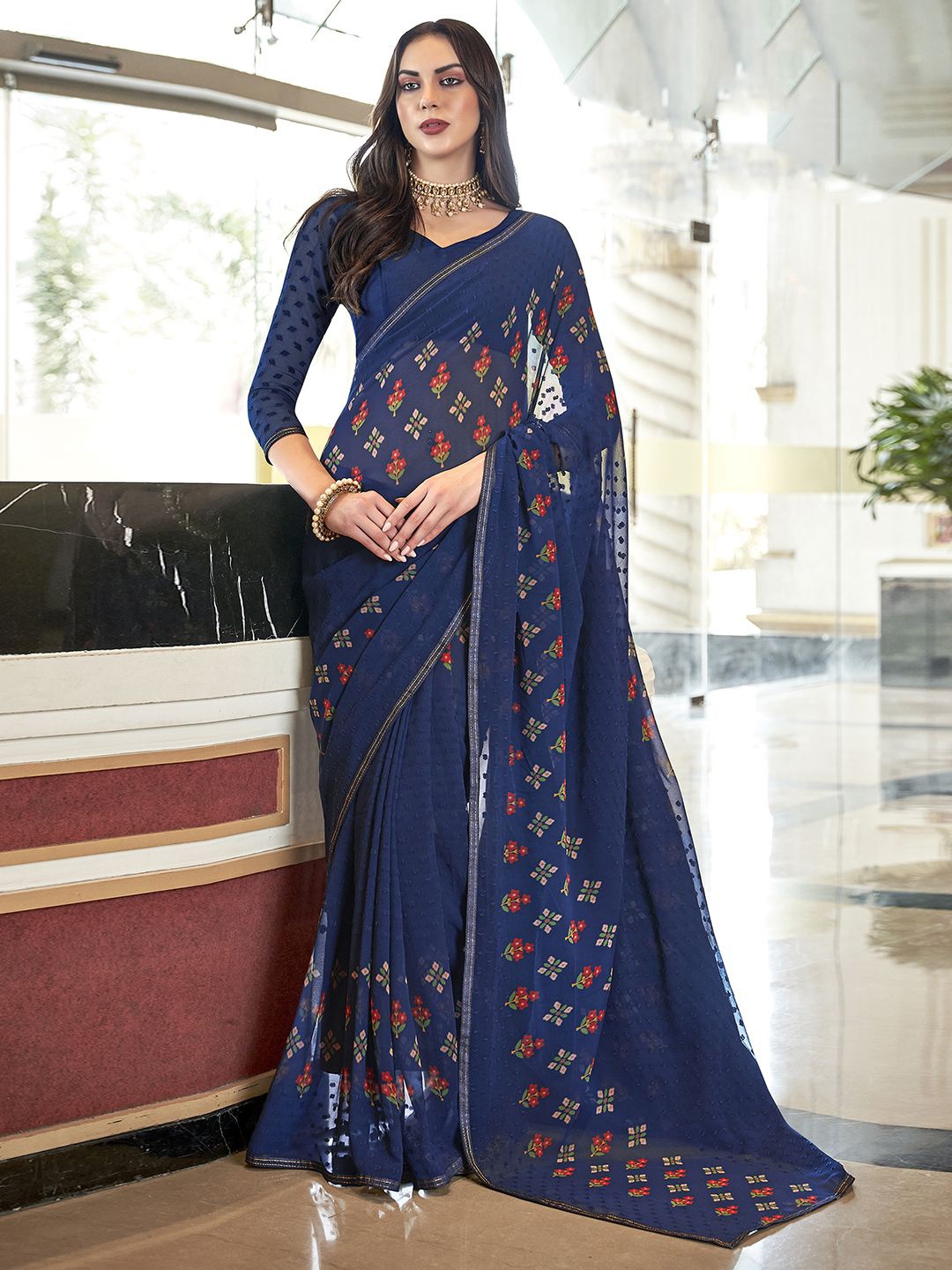 

Panzora Floral Printed Border Saree, Navy blue