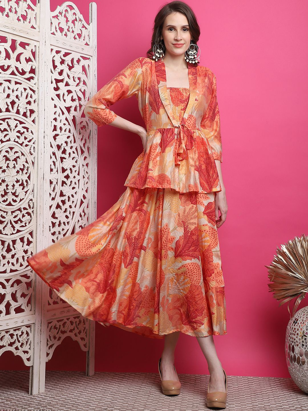 

Aawari Printed Sleeveless Fit and Flare Midi Dress With Shrug, Orange