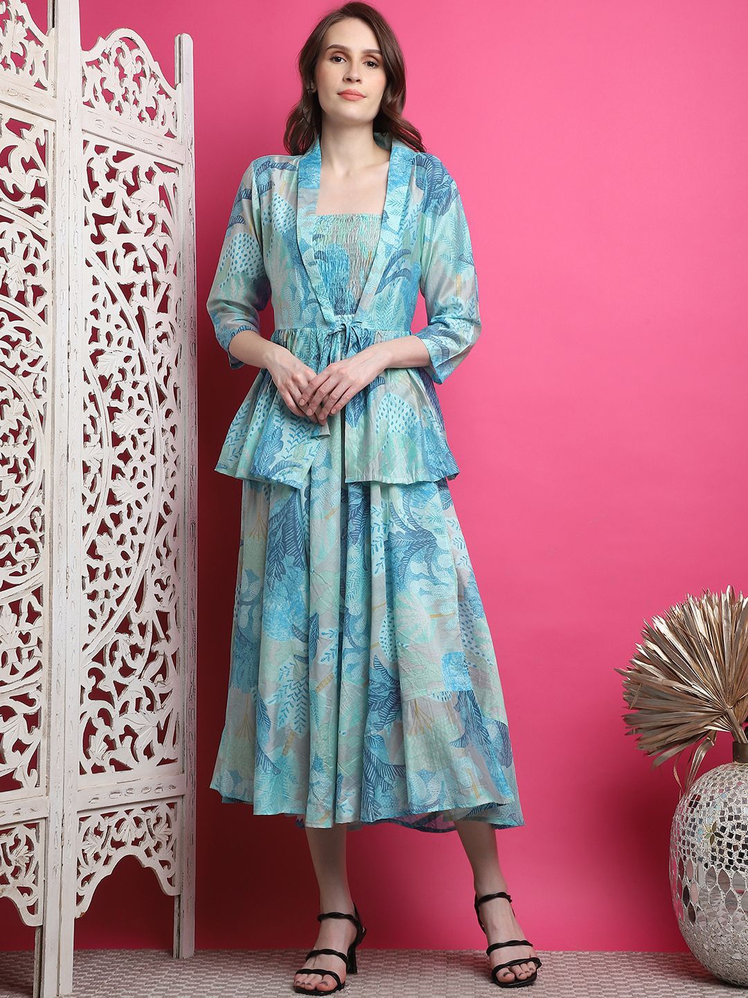 

Aawari Floral Printed Smocked Fit & Flare Midi Dress With Shrug, Blue