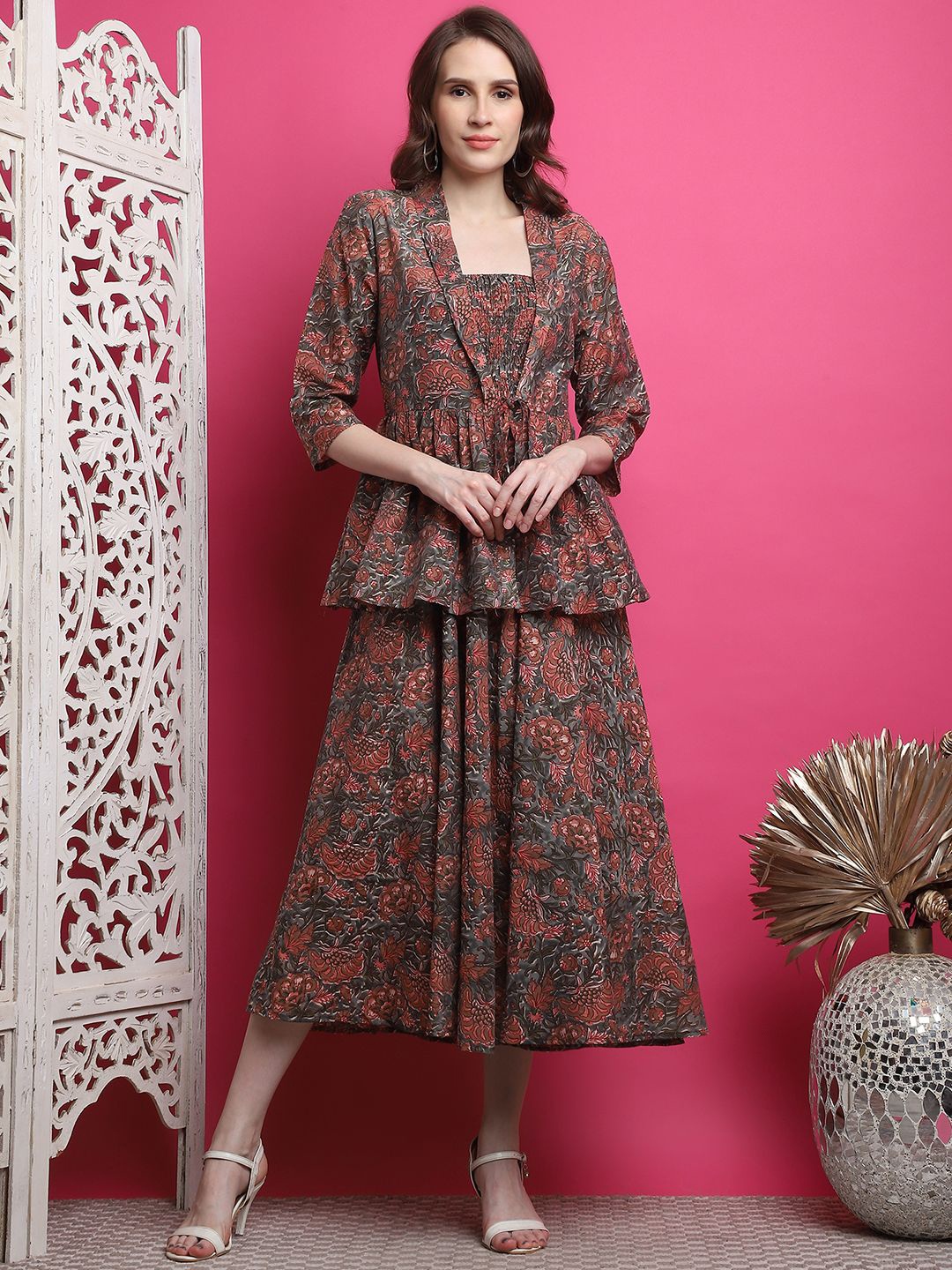 

Aawari Floral Printed A-Line Midi Dress With Shrug, Brown