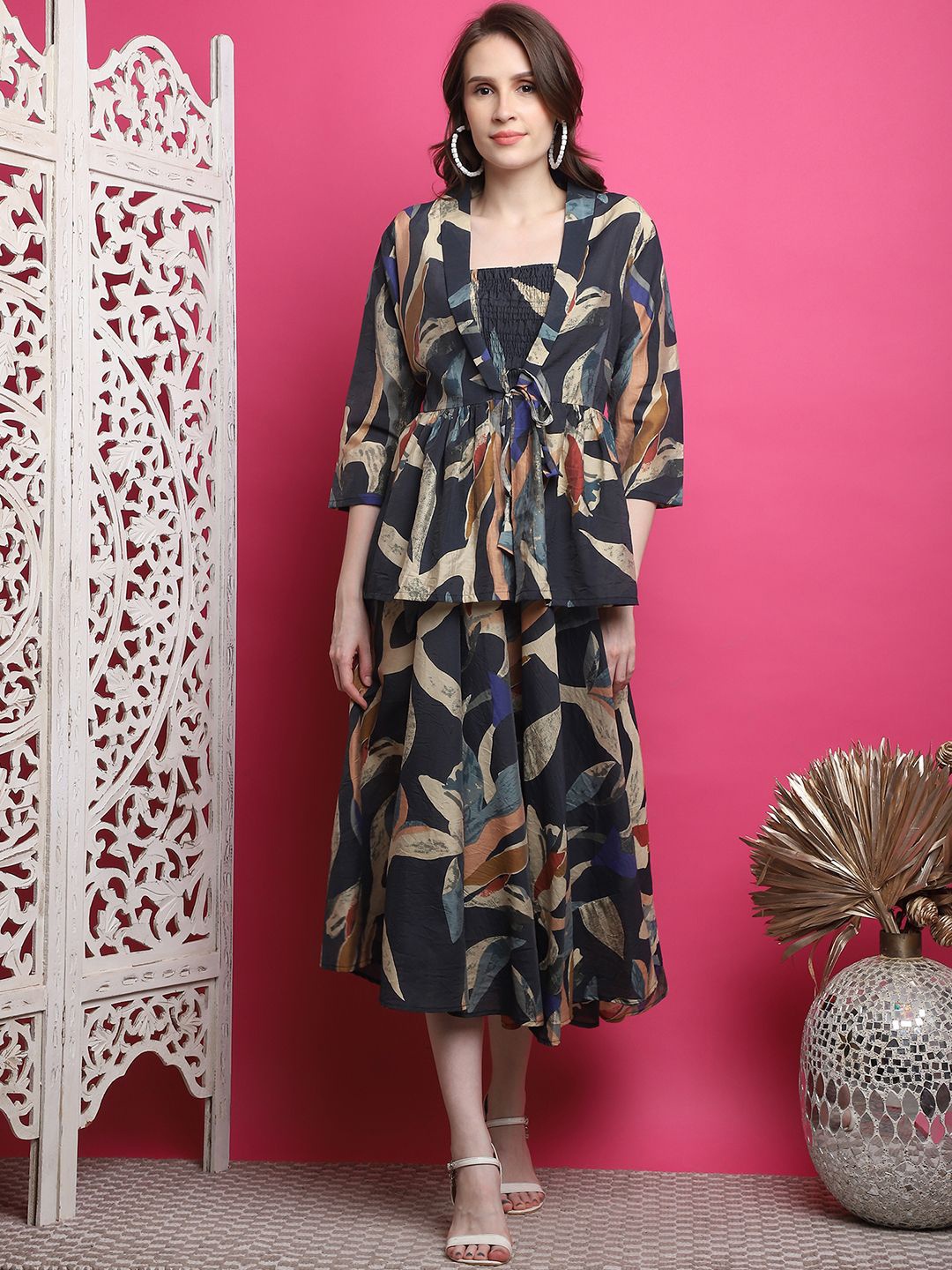 

Aawari Printed Sleeveless Fit and Flare Midi Dress With Shrug, Blue
