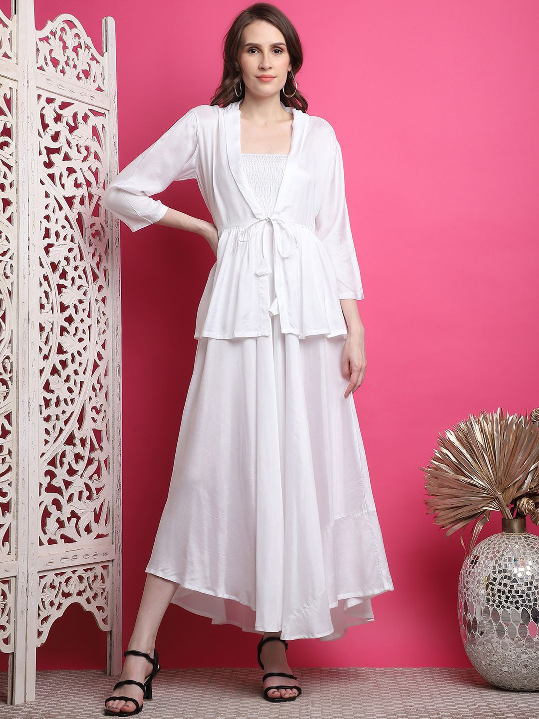 

Aawari Solid Smocked Maxi Dress With Shrug, White