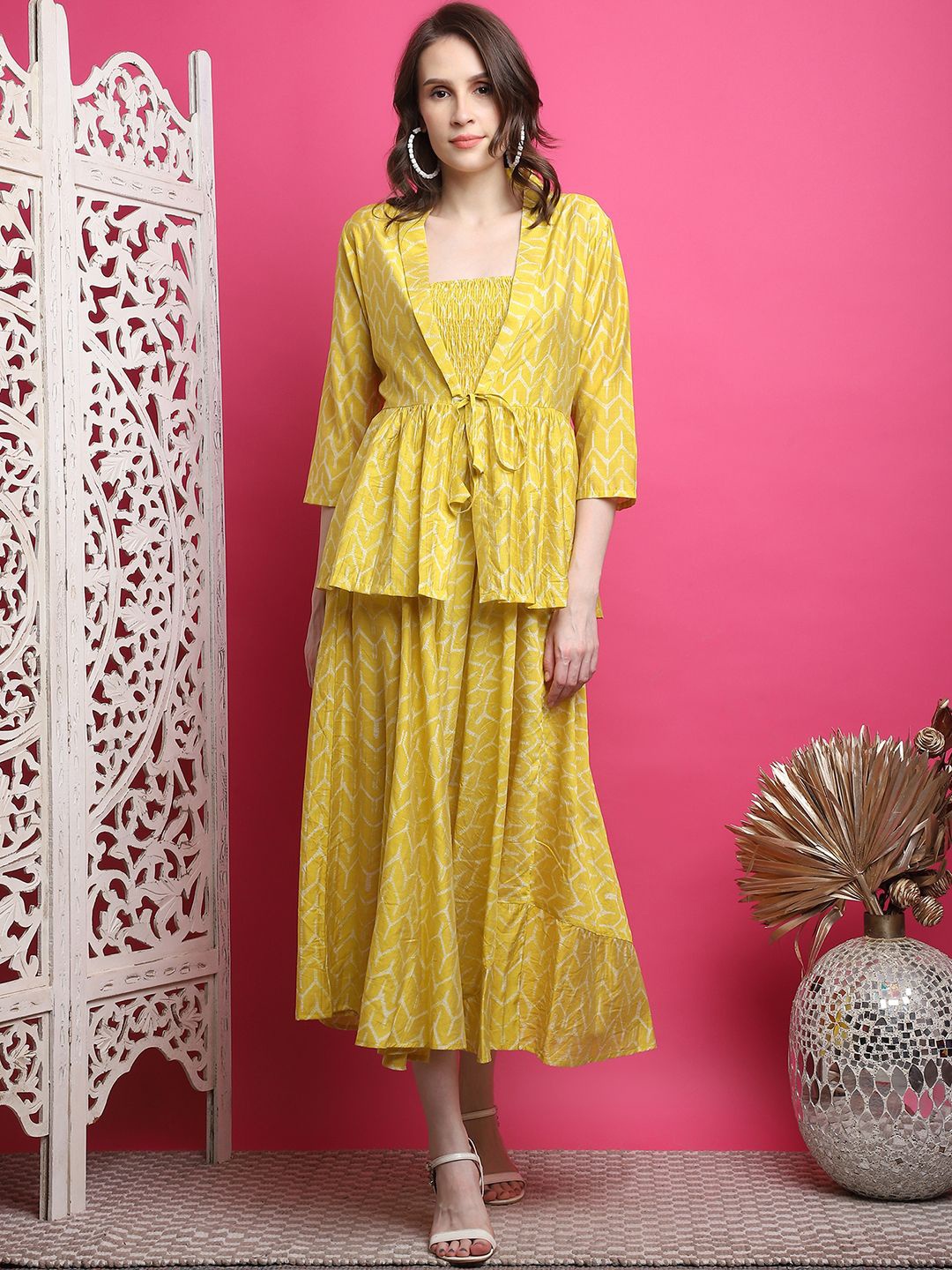 

Aawari Printed Shoulder Straps Fit & Flare Midi Dress With Shrug, Yellow