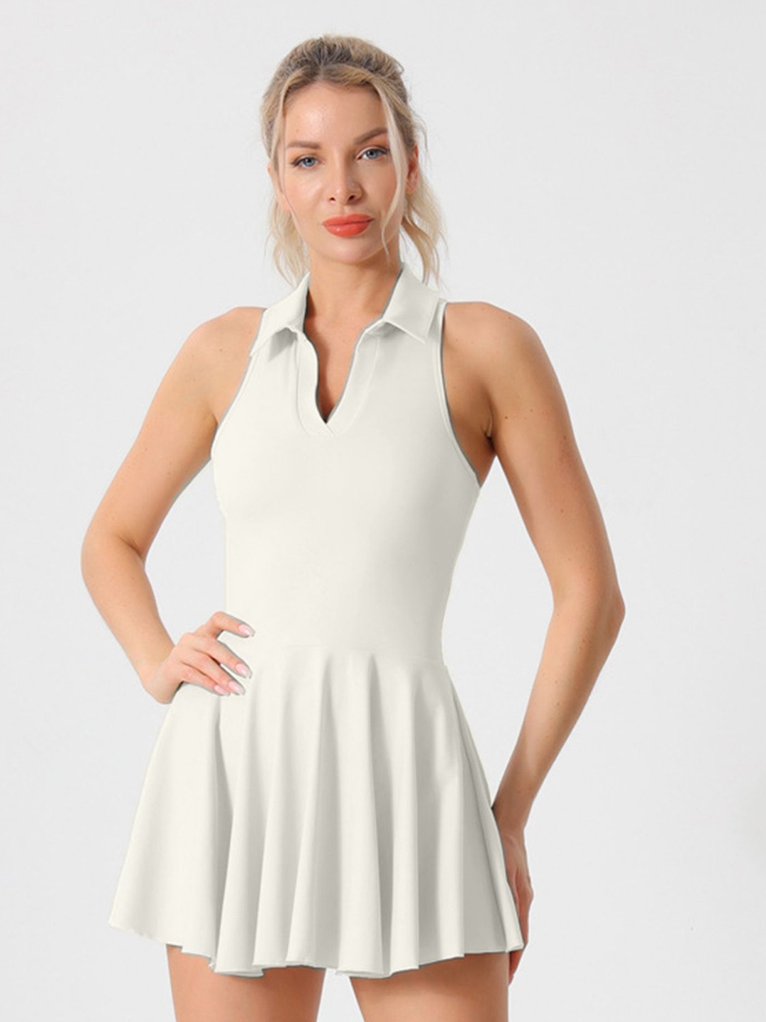 

LULU & SKY Women Solid Sleeveless Shirt Collar Mini A-Line Dress, Off white