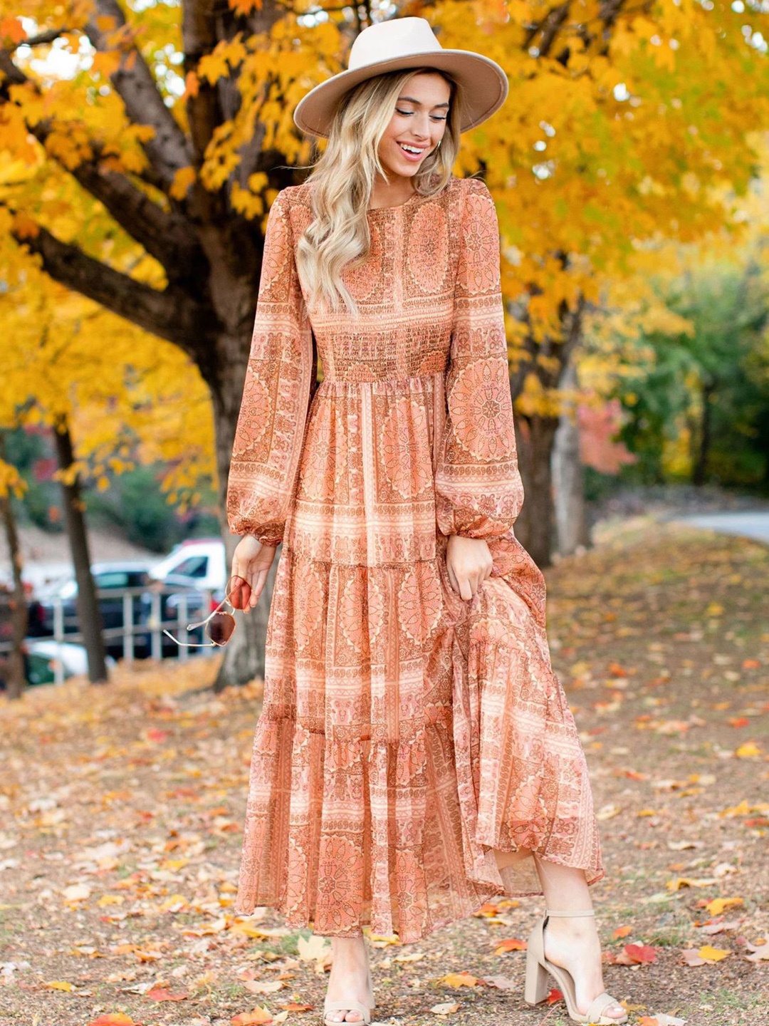 

LULU & SKY Printed Puff Sleeve Smocked A-Line Midi Dress, Orange