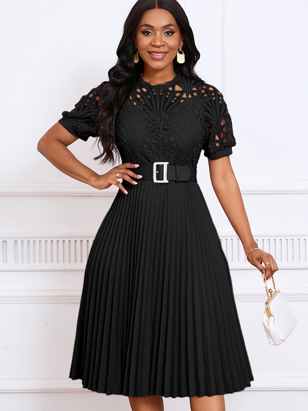 

LULU & SKY Embroidered Round Neck Puff Sleeves Belted Fit & Flare Dress, Black