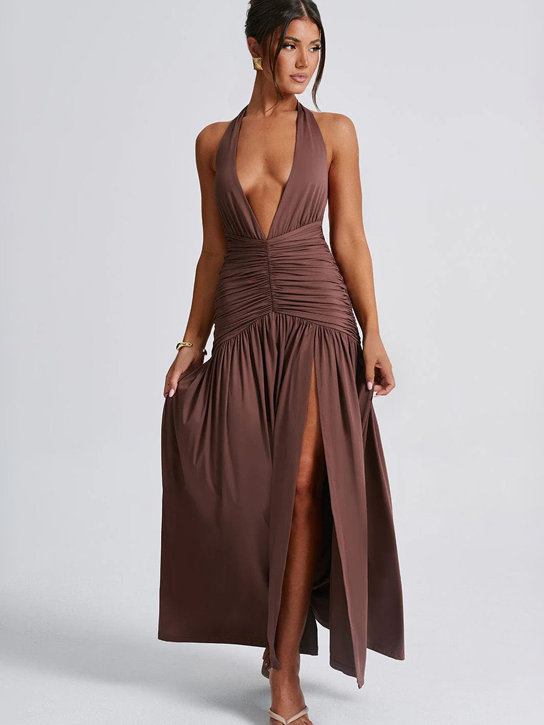 

LULU & SKY Halter Neck Maxi Dress, Brown
