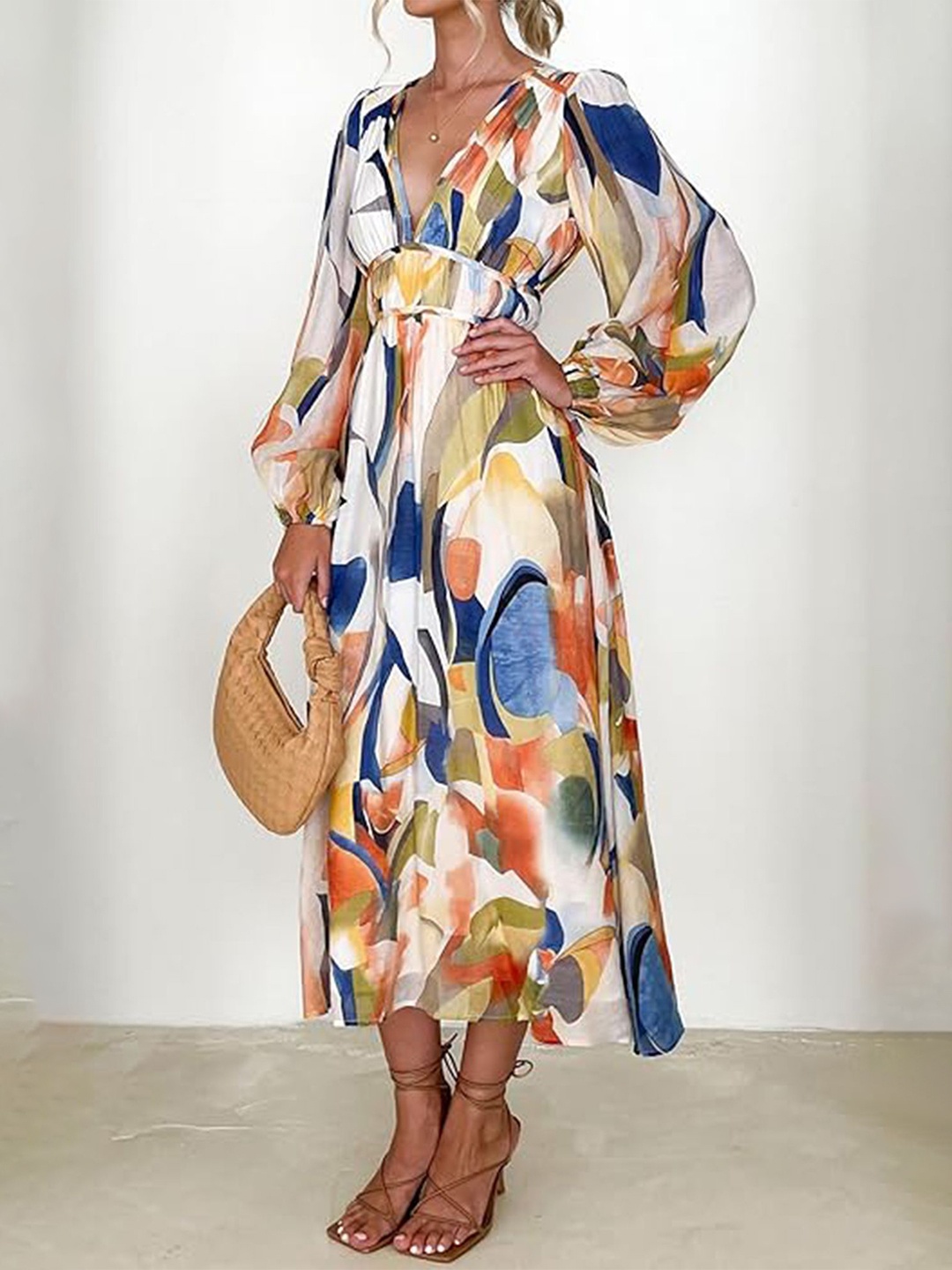 

LULU & SKY Printed Puff Sleeve Fit & Flare Midi Dress, White