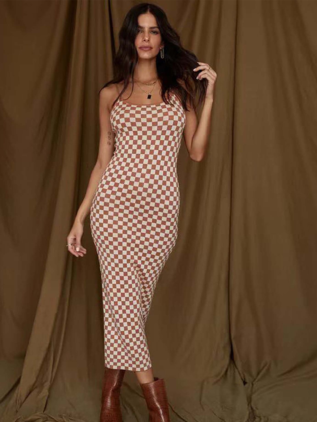 

LULU & SKY Strappy Checkerboard Pattern Sheath Dress, White