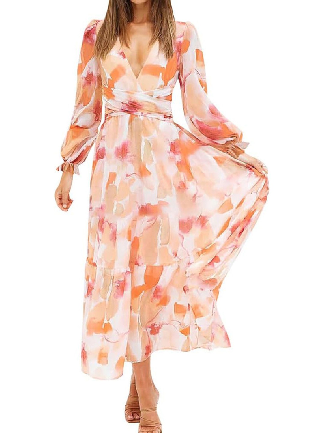 

LULU & SKY Printed Fit & Flare V-Neck Midi Dress, Beige