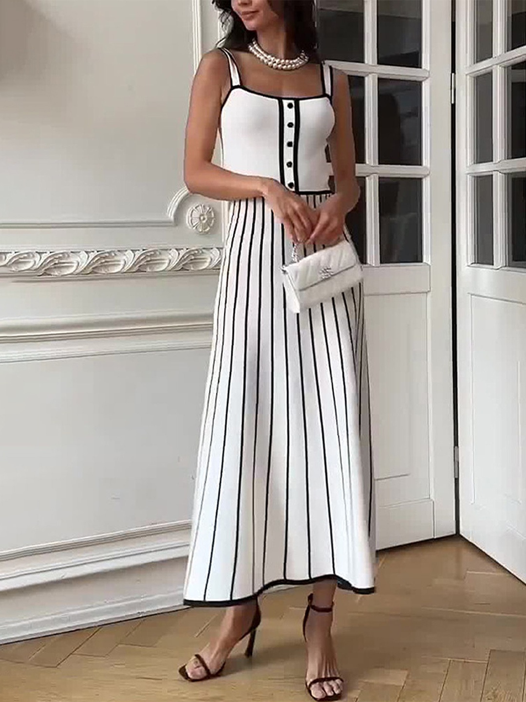 

LULU & SKY Striped Shoulder Straps Fit and Flare Maxi Dress, White