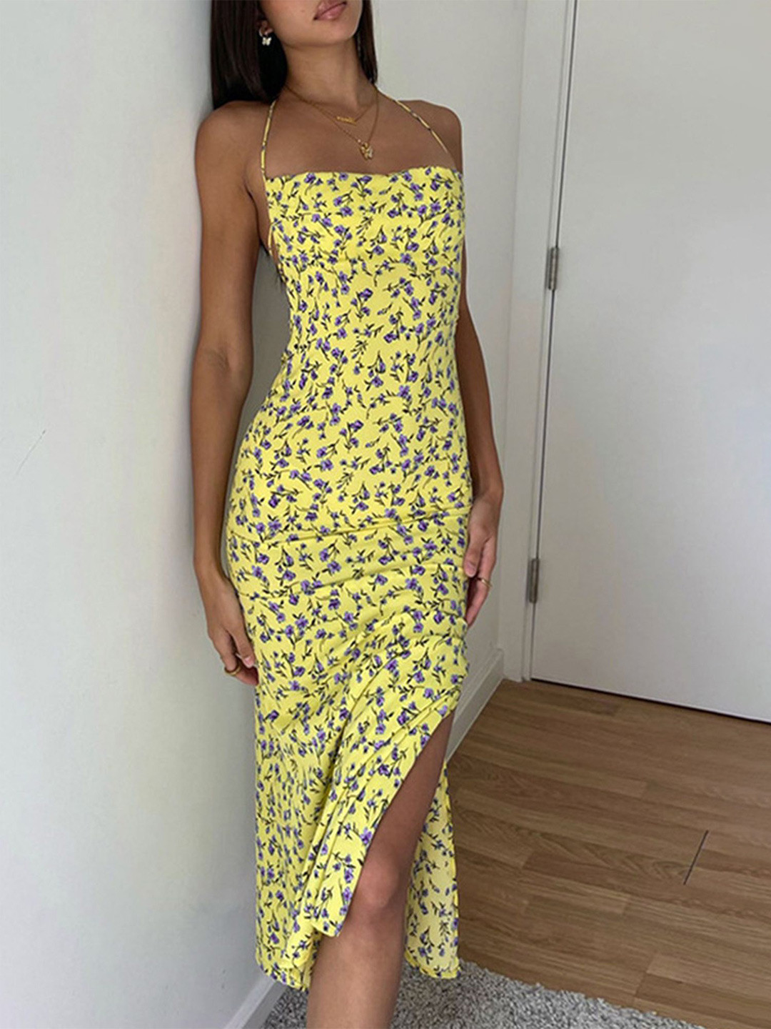 

LULU & SKY Floral Print Shoulder Straps Sheath Midi Dress, Yellow