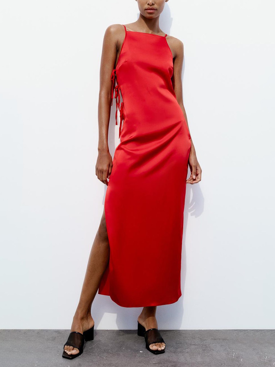 

LULU & SKY Shoulder Straps Side Slit Slip Maxi Dress, Red