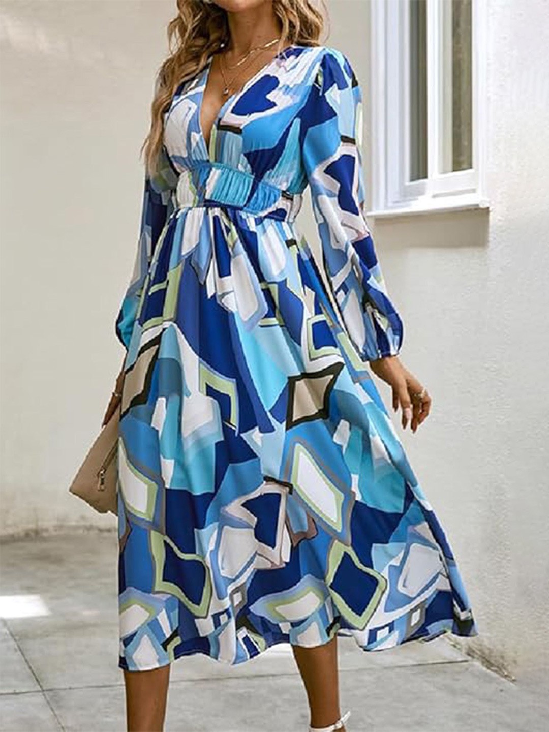 

LULU & SKY Fit & Flare Cinched-waist Printed Midi Dress, Blue