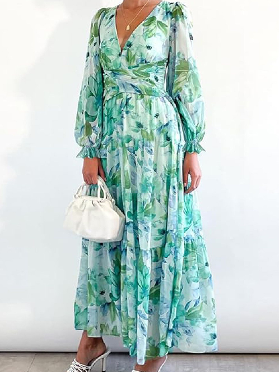 

LULU & SKY Floral Print Puff Sleeve Maxi Dress, Green