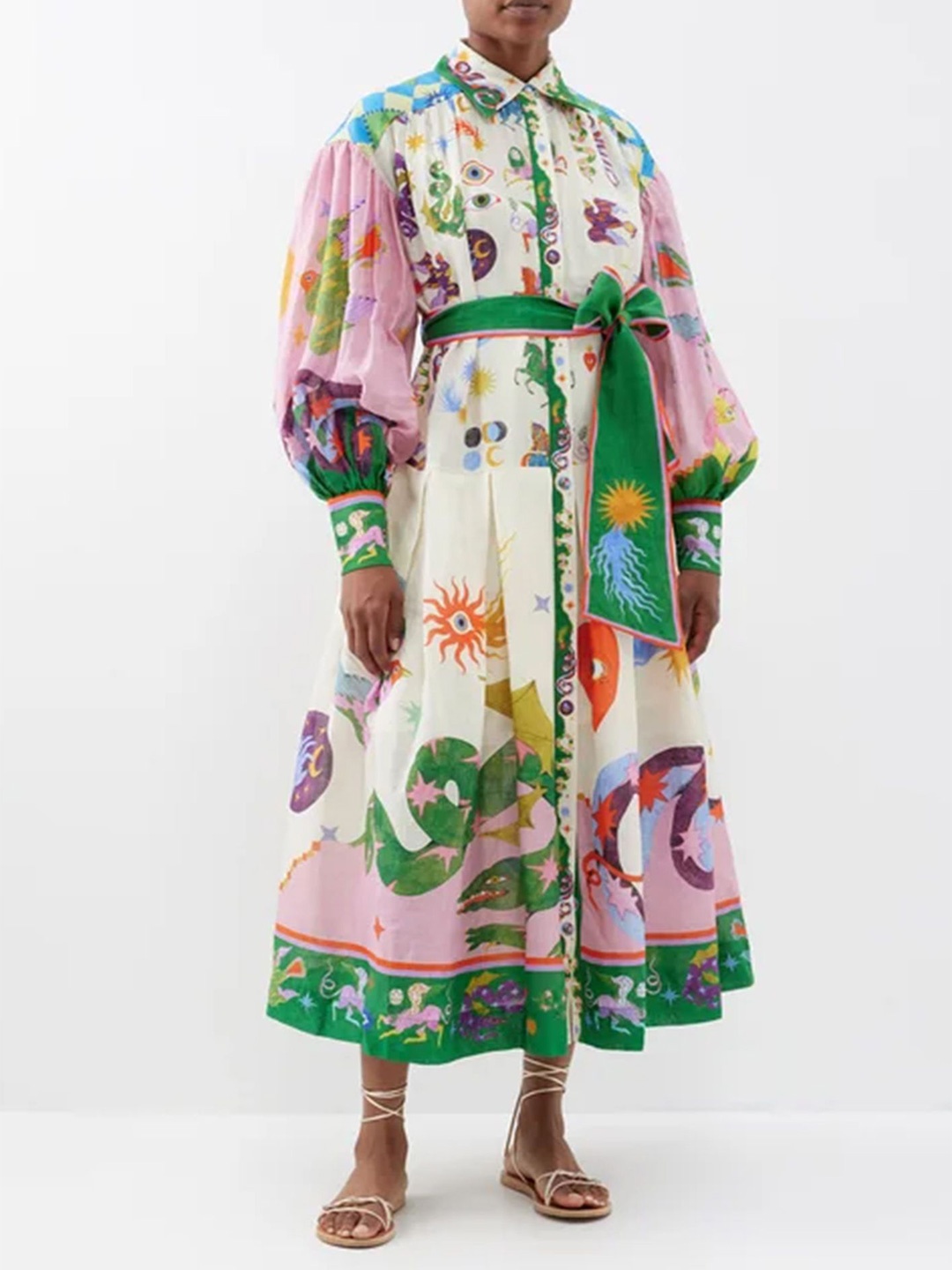 

LULU & SKY Shirt Collar Puff Sleeve Abstract Midi Dress, Purple