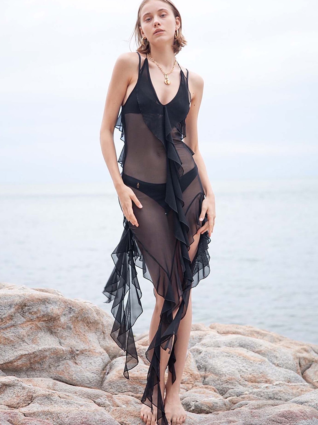 

LULU & SKY Sheer Asymmetrical Ruffle Maxi Dress, Black