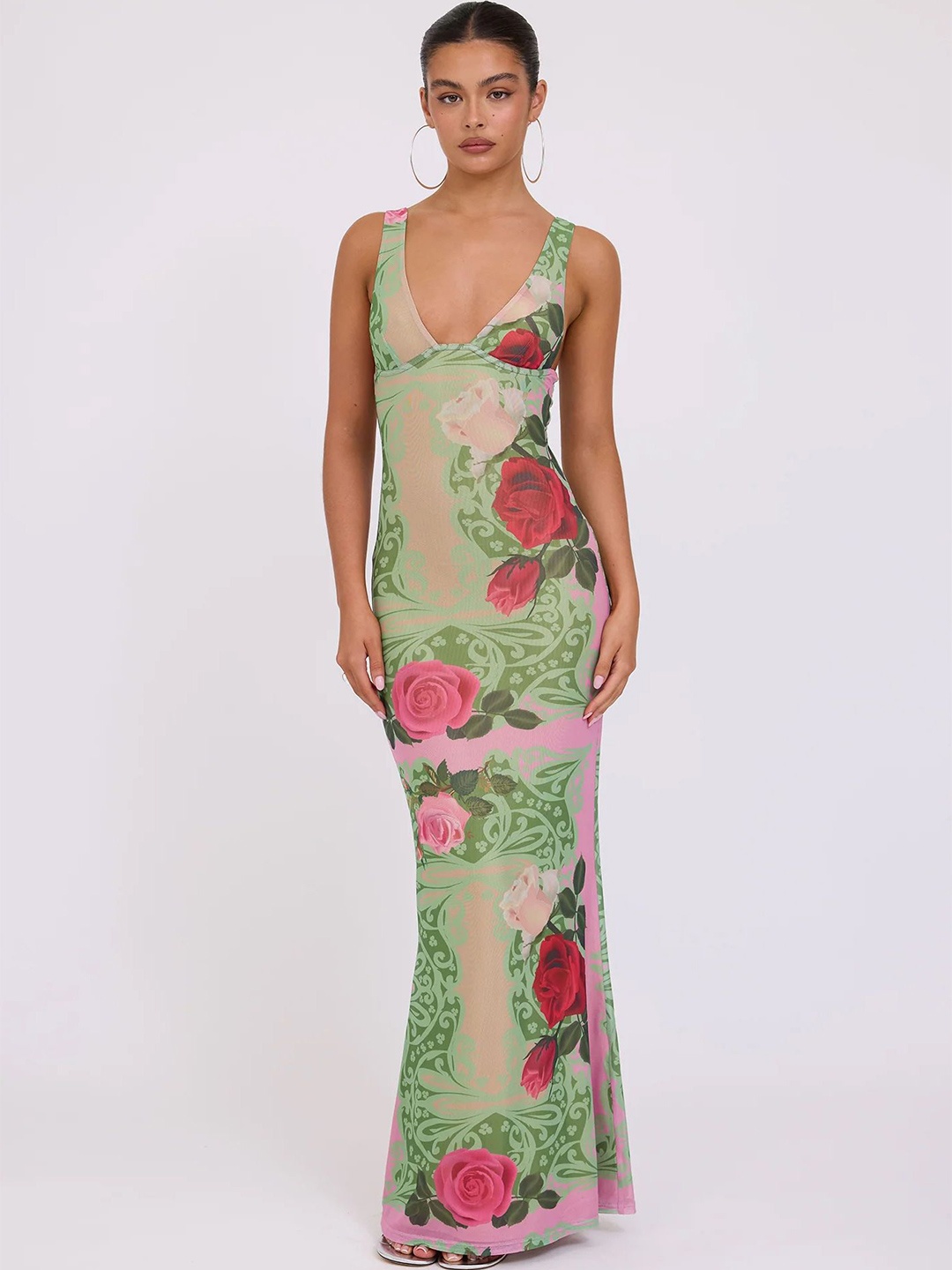 

LULU & SKY Women Floral Print Shoulder Straps Maxi Dress, Green