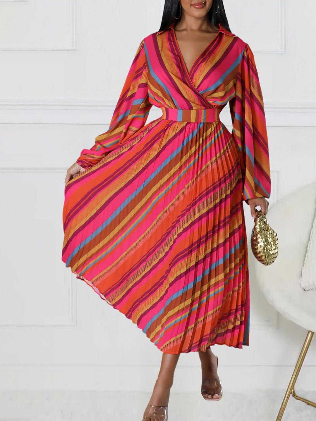 

LULU & SKY Cotton Striped Flared Sleeve Midi Dress, Red