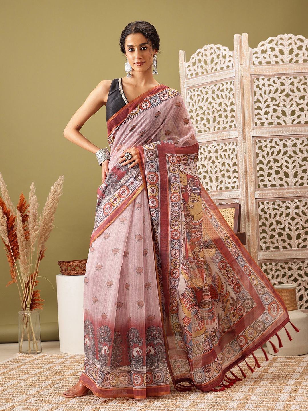 

Silk Land Madhubani Print Cotton Blend Saree, Rust