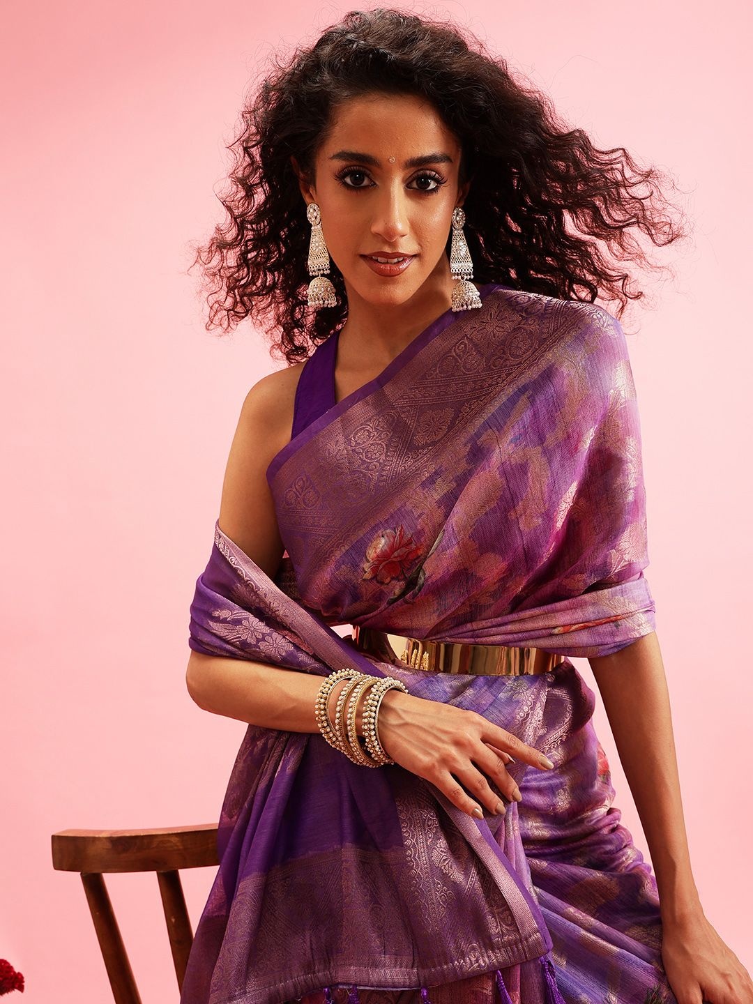 

Silk Land Woven Banarasi Floral Digital Print Saree, Lavender