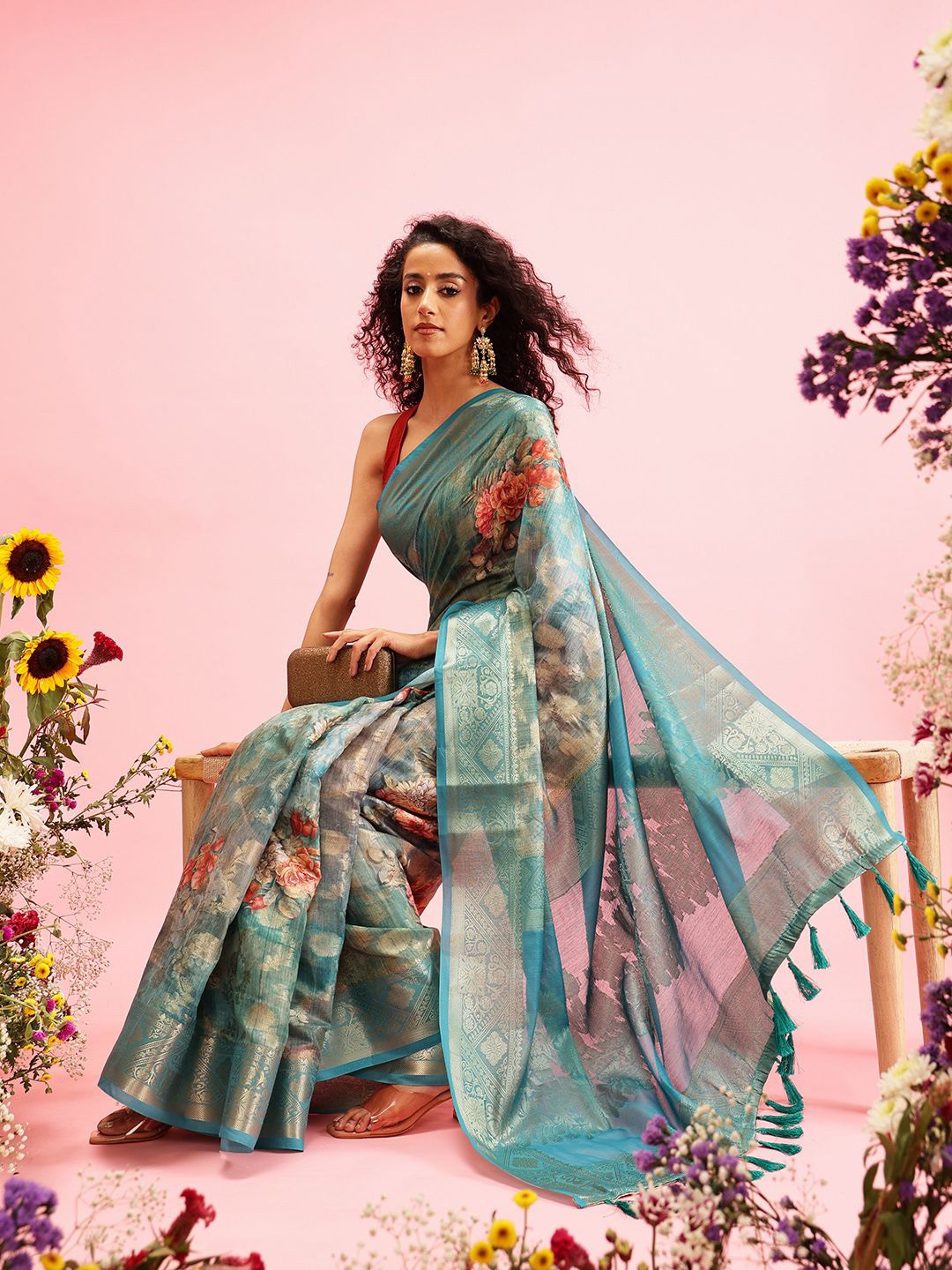 

Silk Land Floral Prined Banarasi Saree, Teal