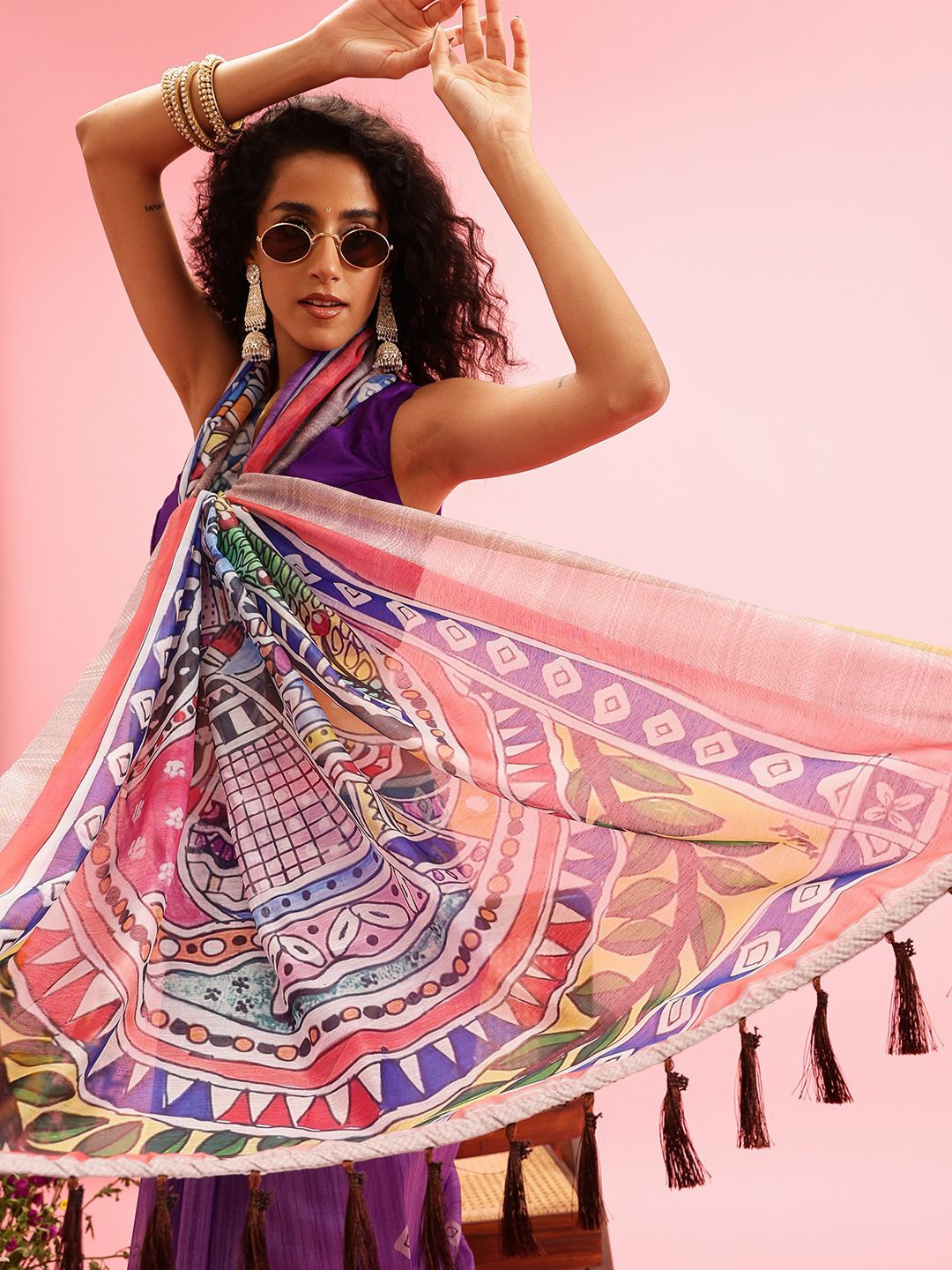 

Silk Land Madhubani Design Cotton Blend Digital Print Saree, Purple