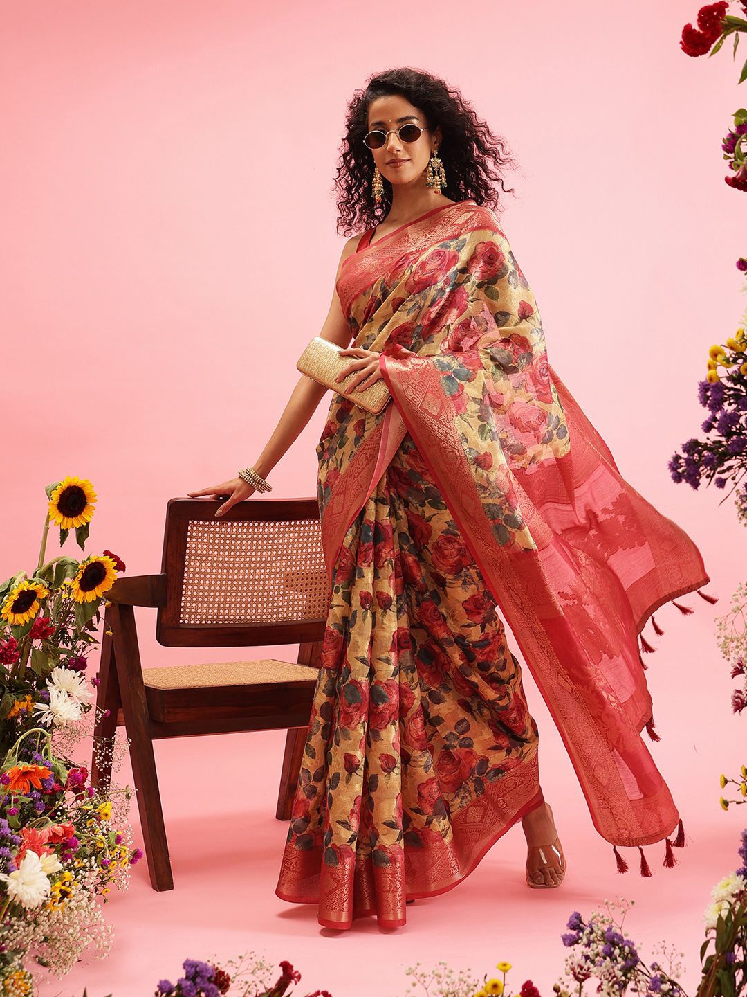 

Silk Land Woven Banarasi Floral Digital Print Saree, Mustard