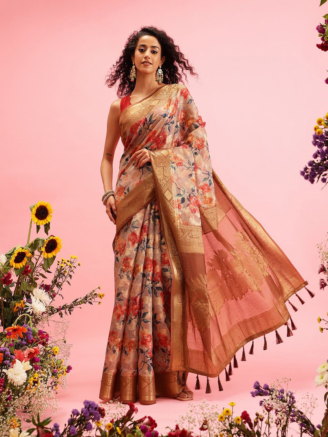 

Silk Land Woven Banarasi Floral Digital Print Saree, Beige