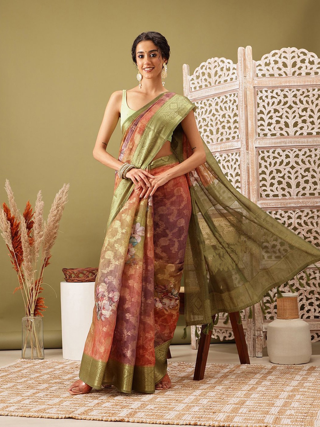 

Silk Land Woven Banarasi Floral Digital Print Saree, Olive