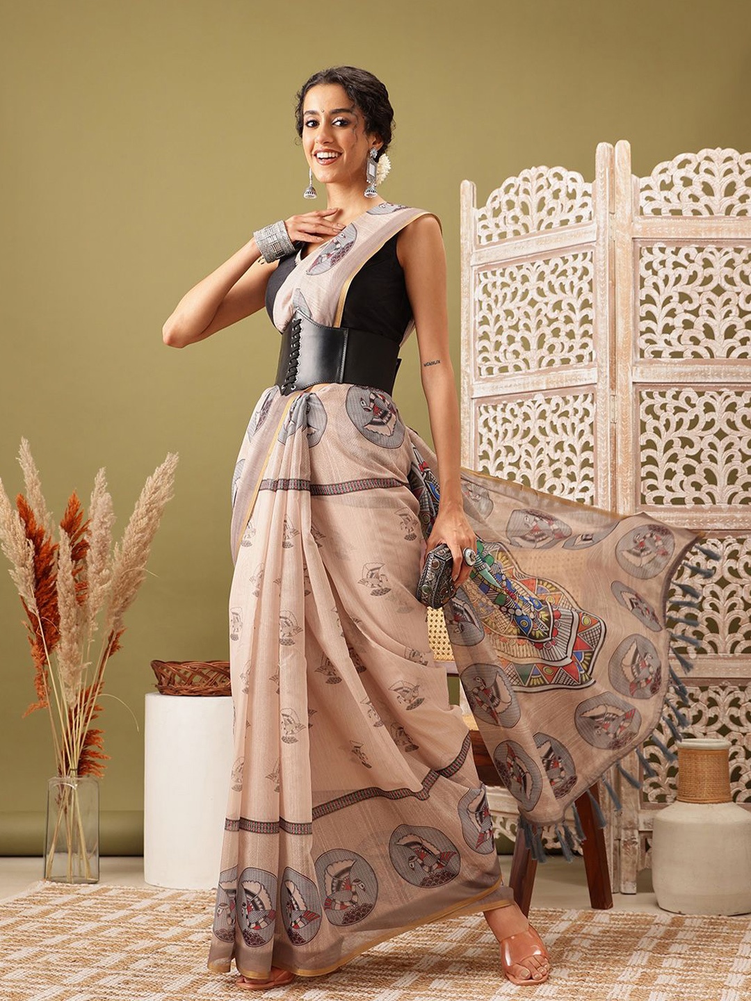 

Silk Land Madhubani Design Cotton Blend Digital Print Saree, Beige