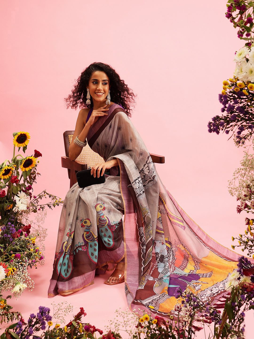 

Silk Land Madhubani Design Cotton Blend Digital Print Saree, Grey