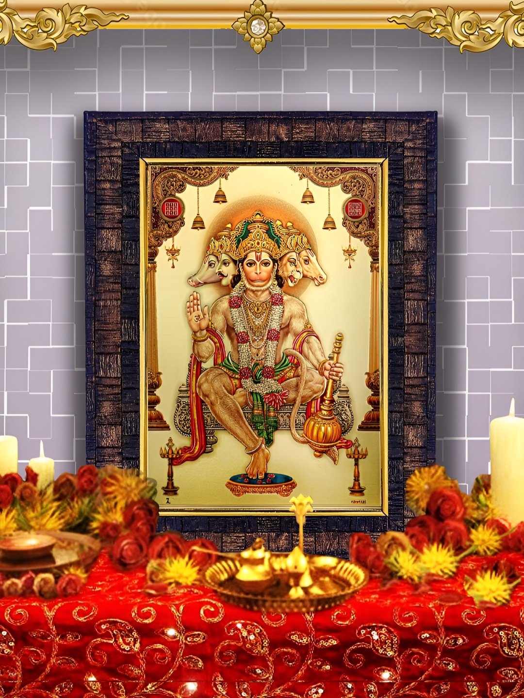 

Hawai Gold-Toned & Brown Panchmukhi Hanuman Bajrang Wooden Wall Photo Frames