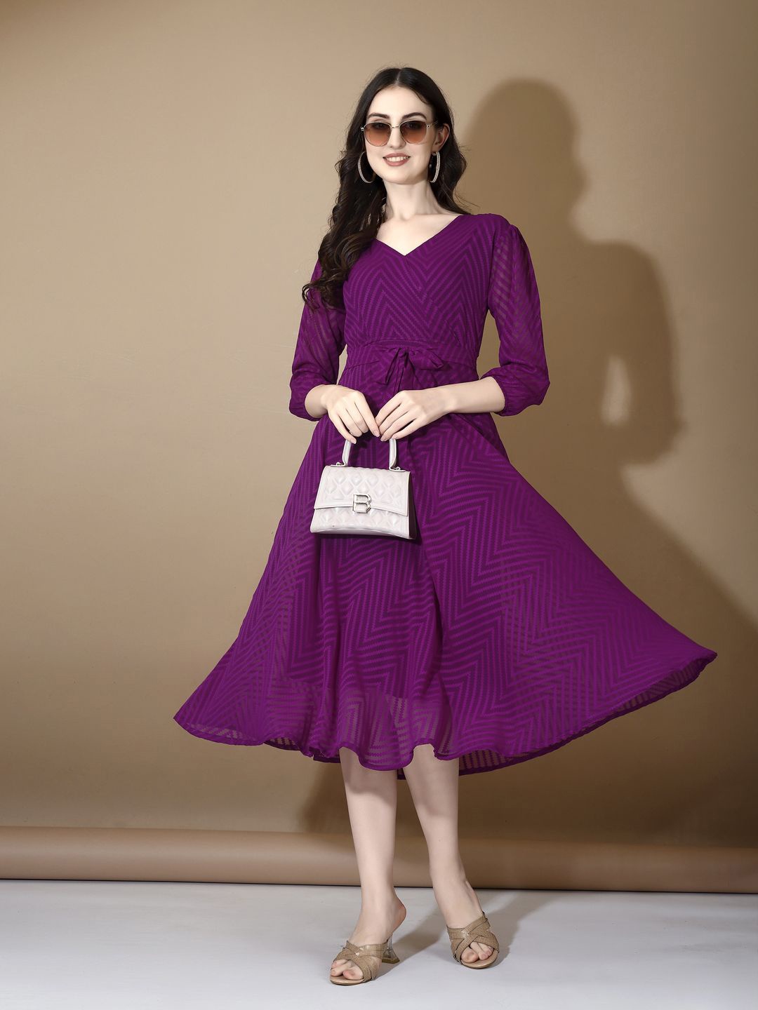 

Fashion Basket Printed Puff Sleeves Belted Fit and Flare Midi Dress, Violet