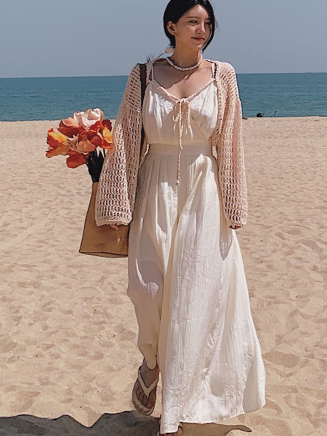 

LULU & SKY V-Neck Fit and Flare Maxi Dress, Beige