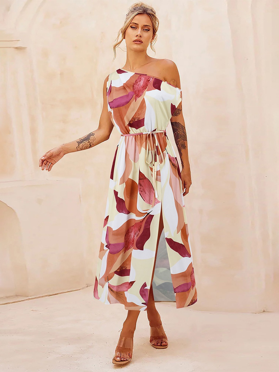 

LULU & SKY Print Off-Shoulder Fit & Flare Midi Abstract Dress, Cream