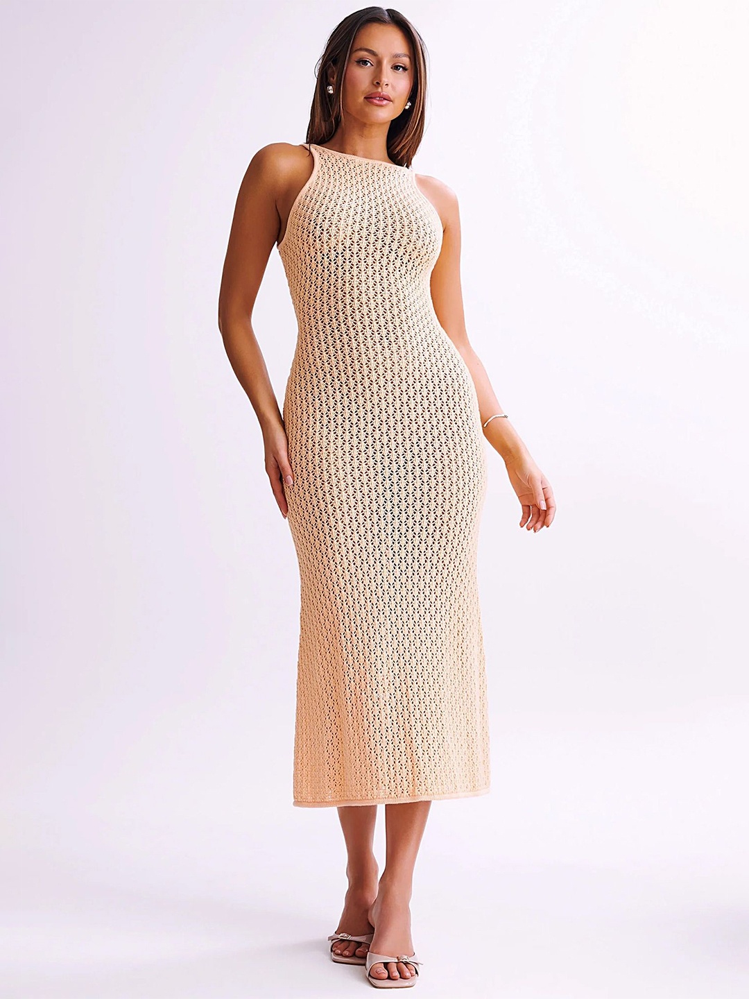 

LULU & SKY Women Self Design Boat Neck Sleeveless Sheath Midi Dress, Beige