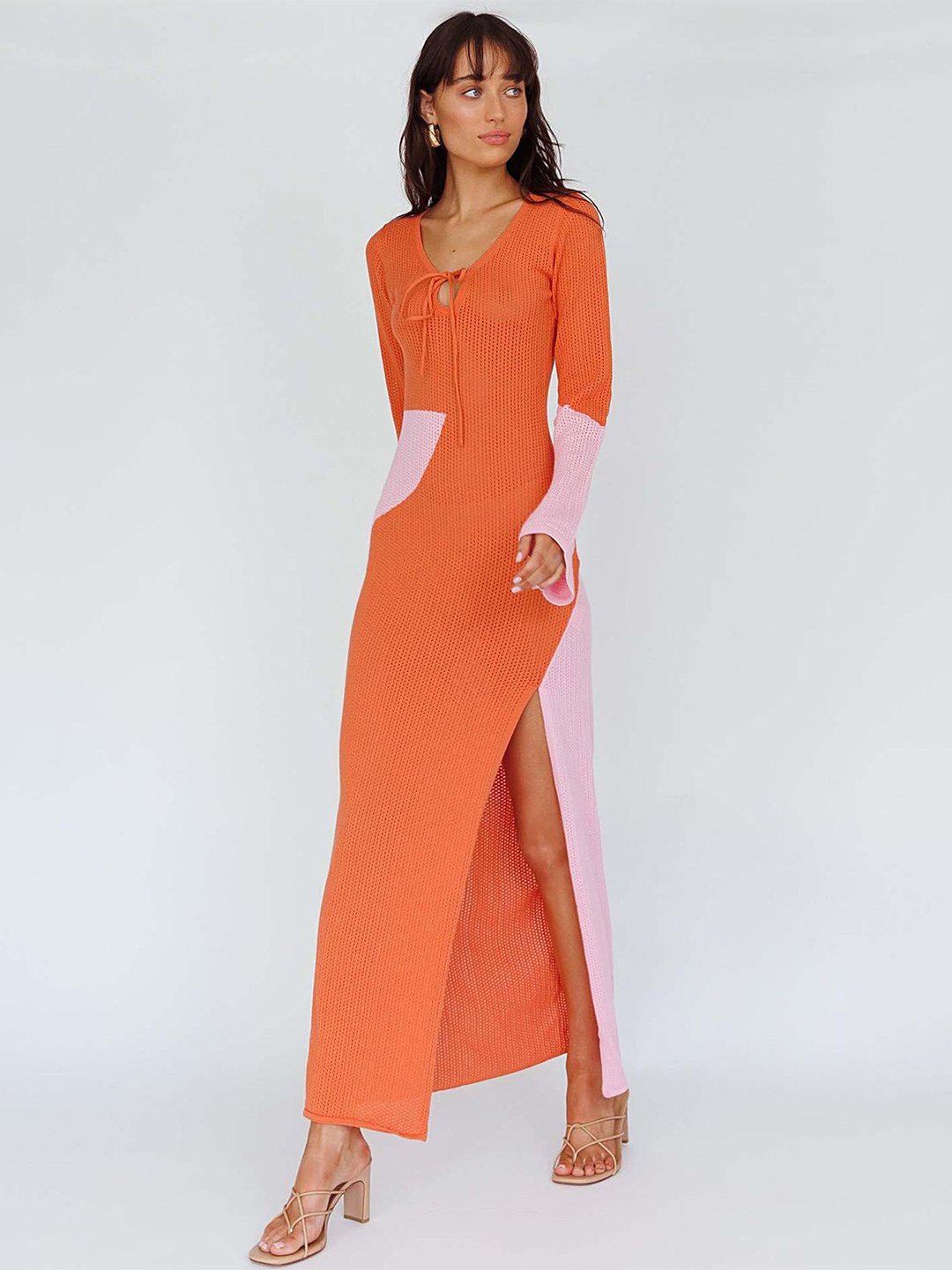 

LULU & SKY Colourblocked Tie-Up Neck Long Sleeves Maxi Dress, Orange