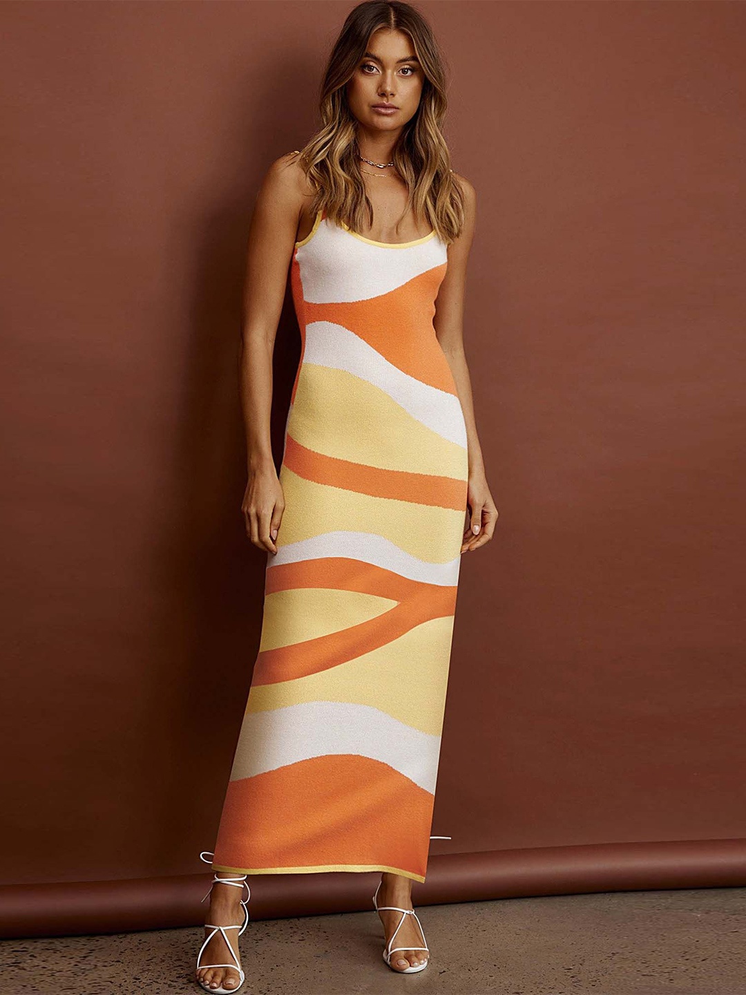 

LULU & SKY Printed Sleeveless Shoulder Straps Maxi Bodycon Dress, Orange