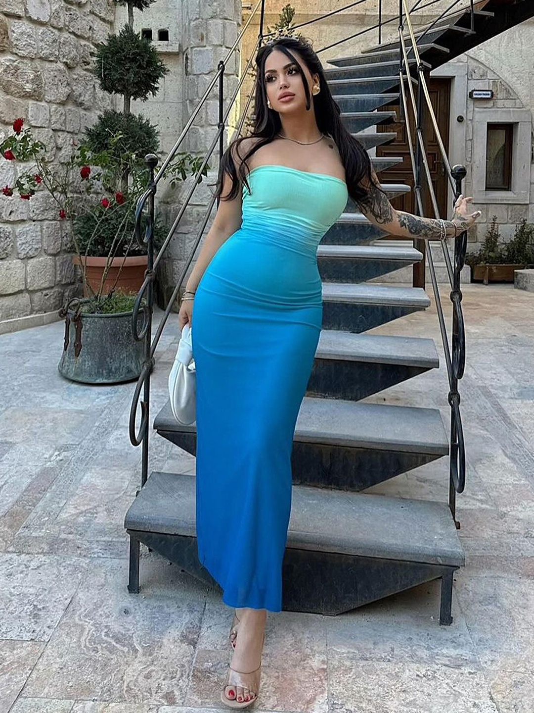 

LULU & SKY Ombre Strapless Sleeveless Sheath Maxi Dress, Blue