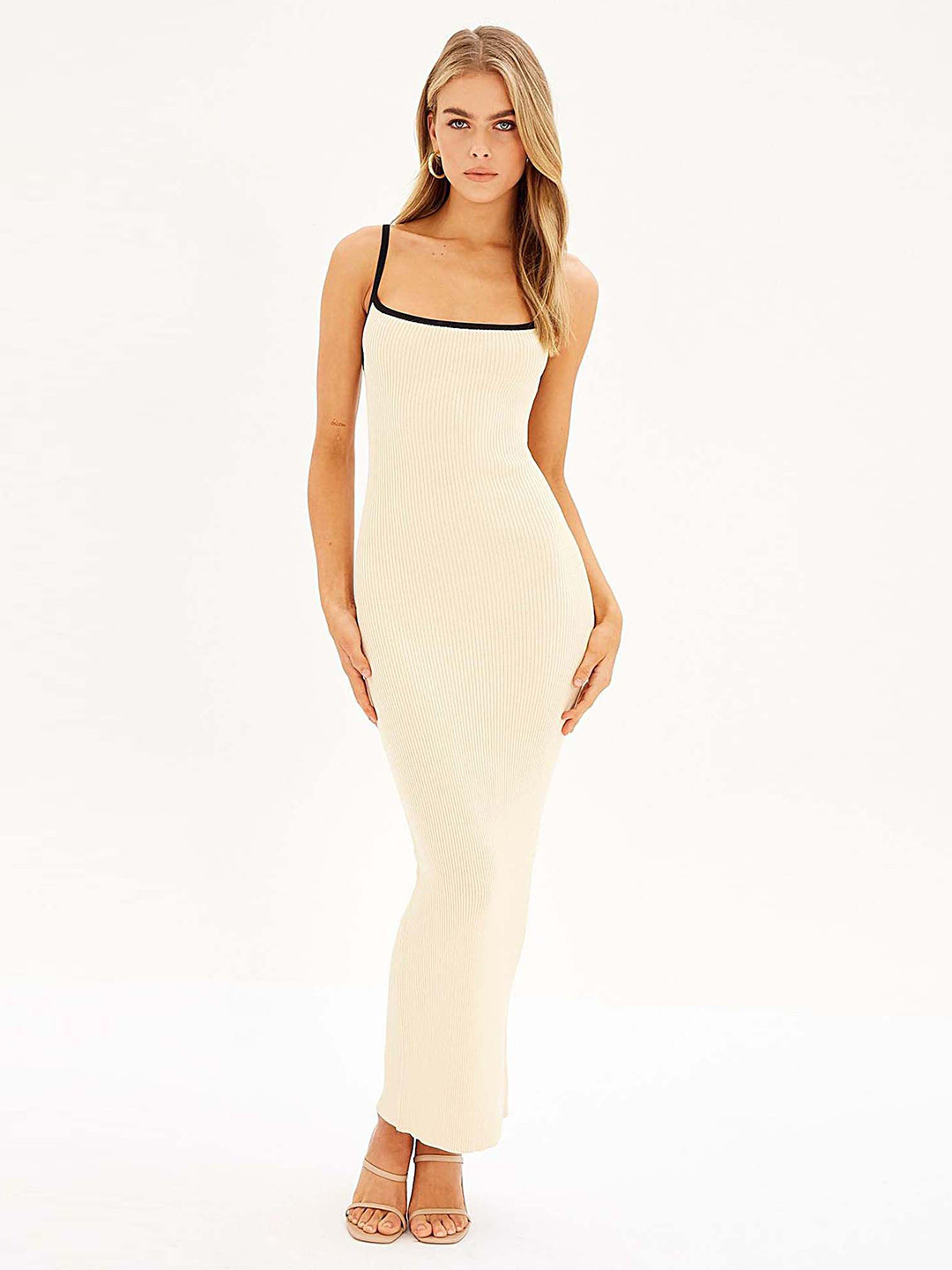 

LULU & SKY Shoulder Straps Solid Maxi Long Sheath Dress, Beige
