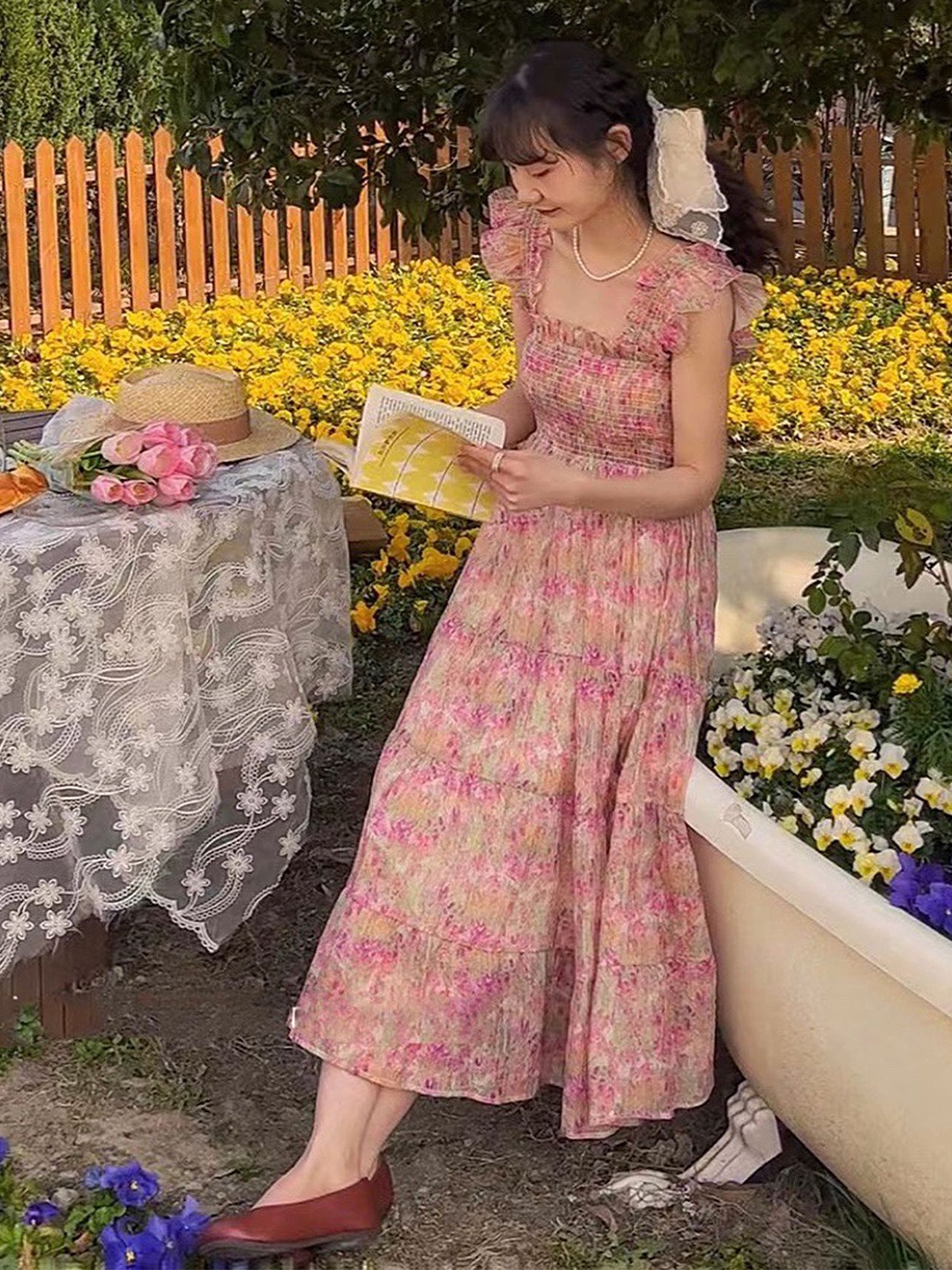

LULU & SKY Floral Printed Square Neck Smocked Fit & Flare Midi Dress, Pink