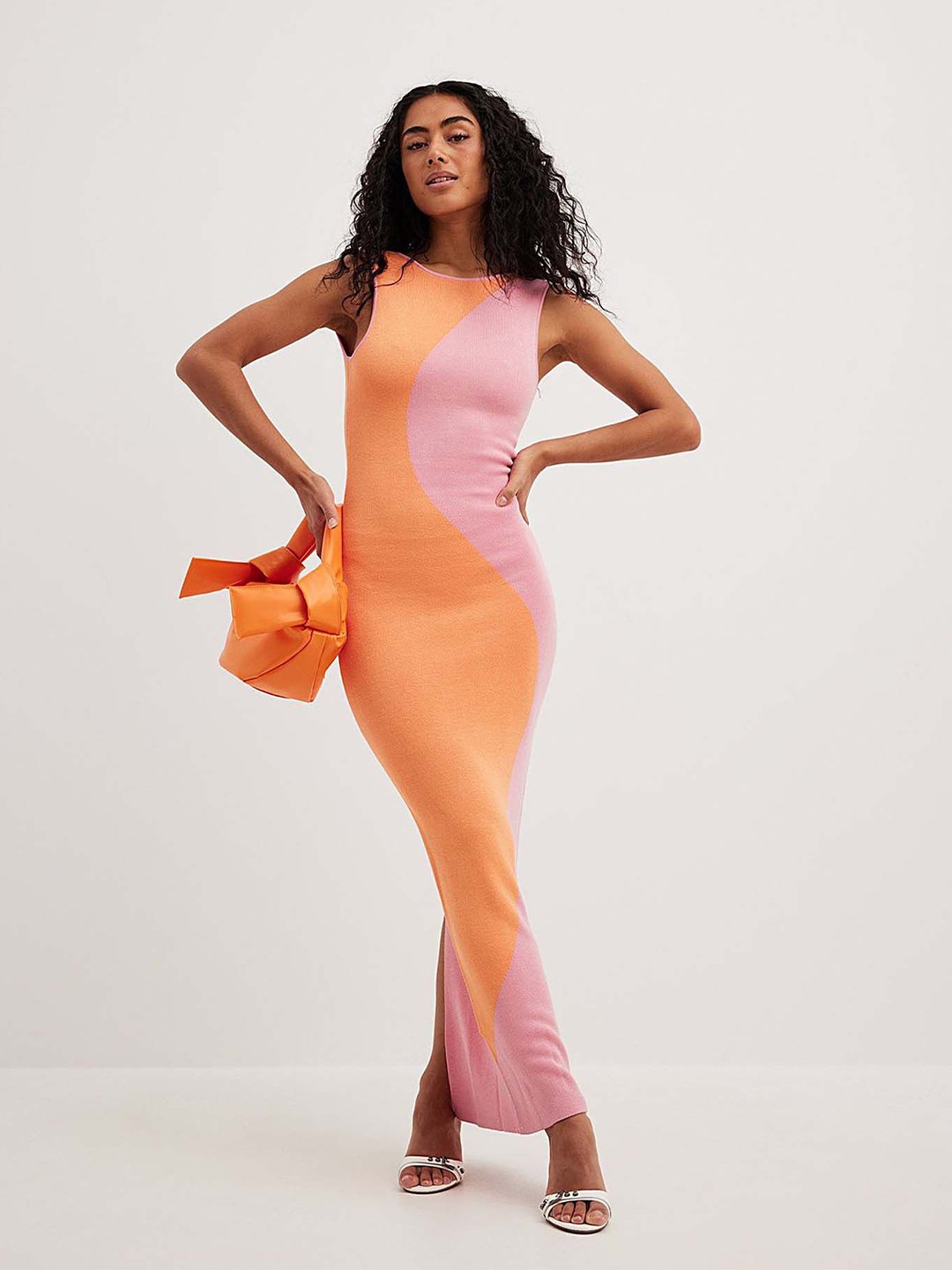 

LULU & SKY Bodycon Knitted Colourblock Maxi Dress, Pink