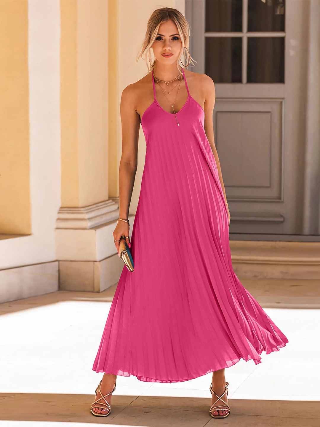 

LULU & SKY Halter Neck A-line Maxi Dress, Pink