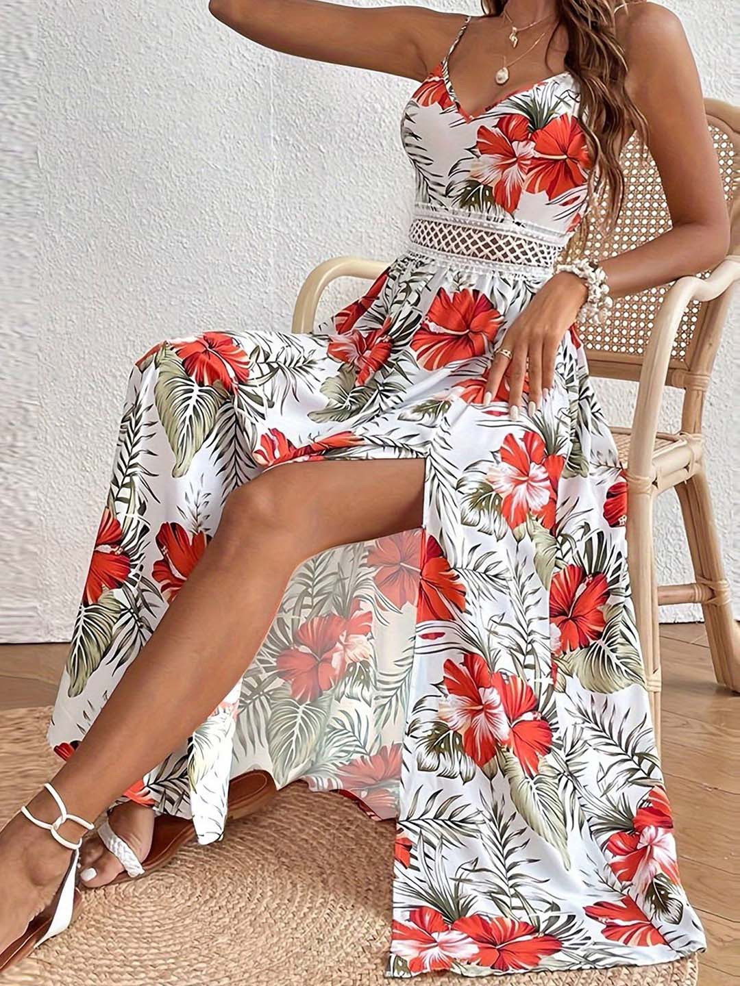 

LULU & SKY Floral Printed Sleeveless Shoulder Straps Maxi Fit and Flare Dress, White