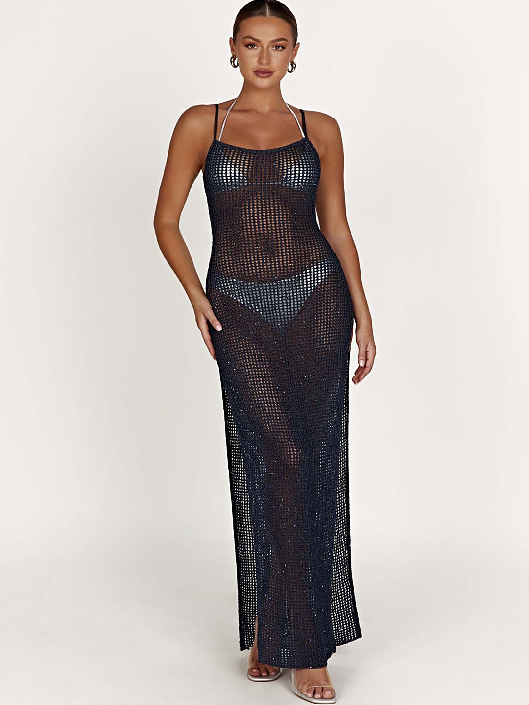 

LULU & SKY Embellished Crochet-knit Mesh Maxi Dress, Black