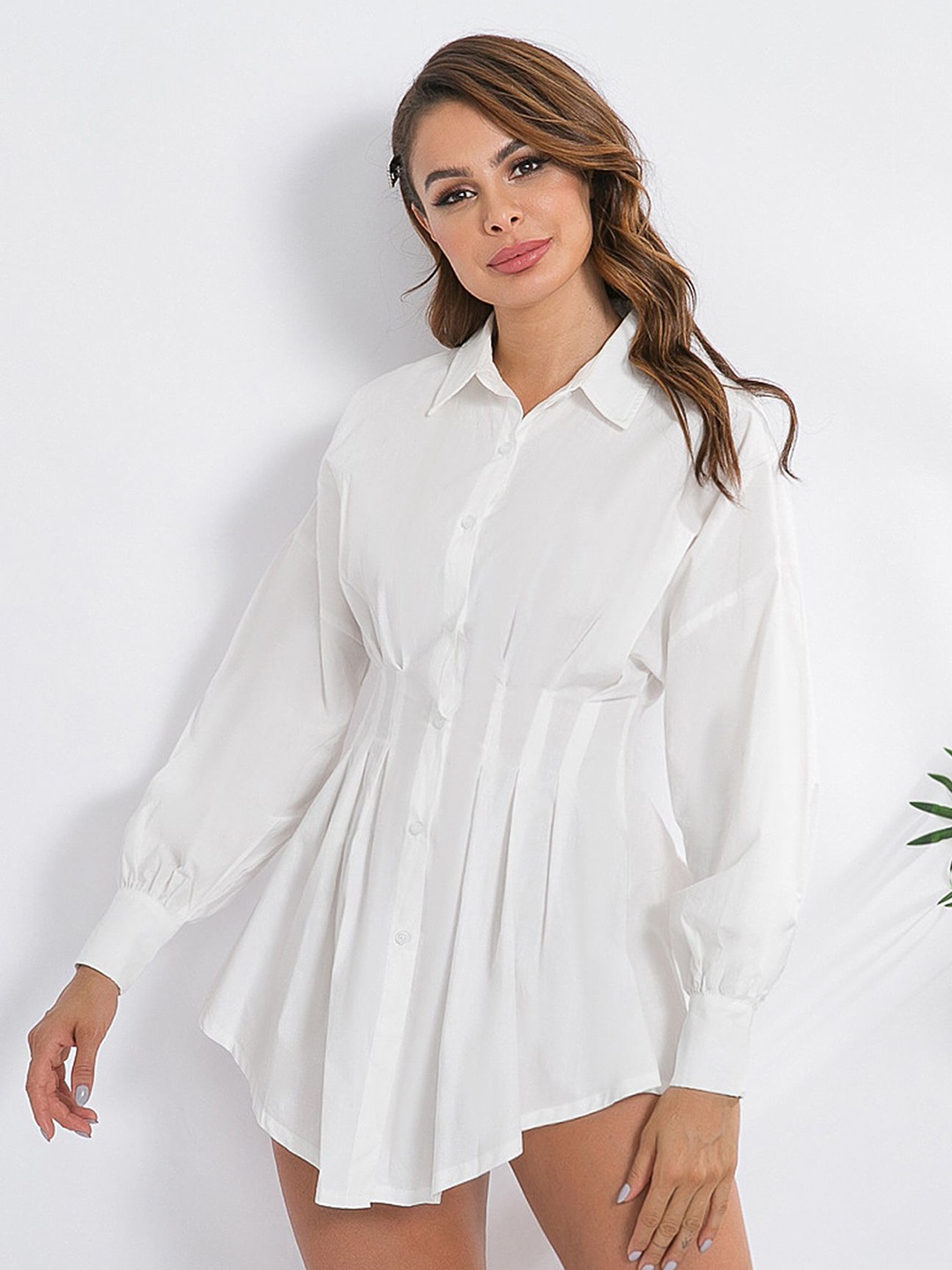 

LULU & SKY Shirt Collar Cuffed Sleeves Pleated Detail Shirt Mini Dress, White