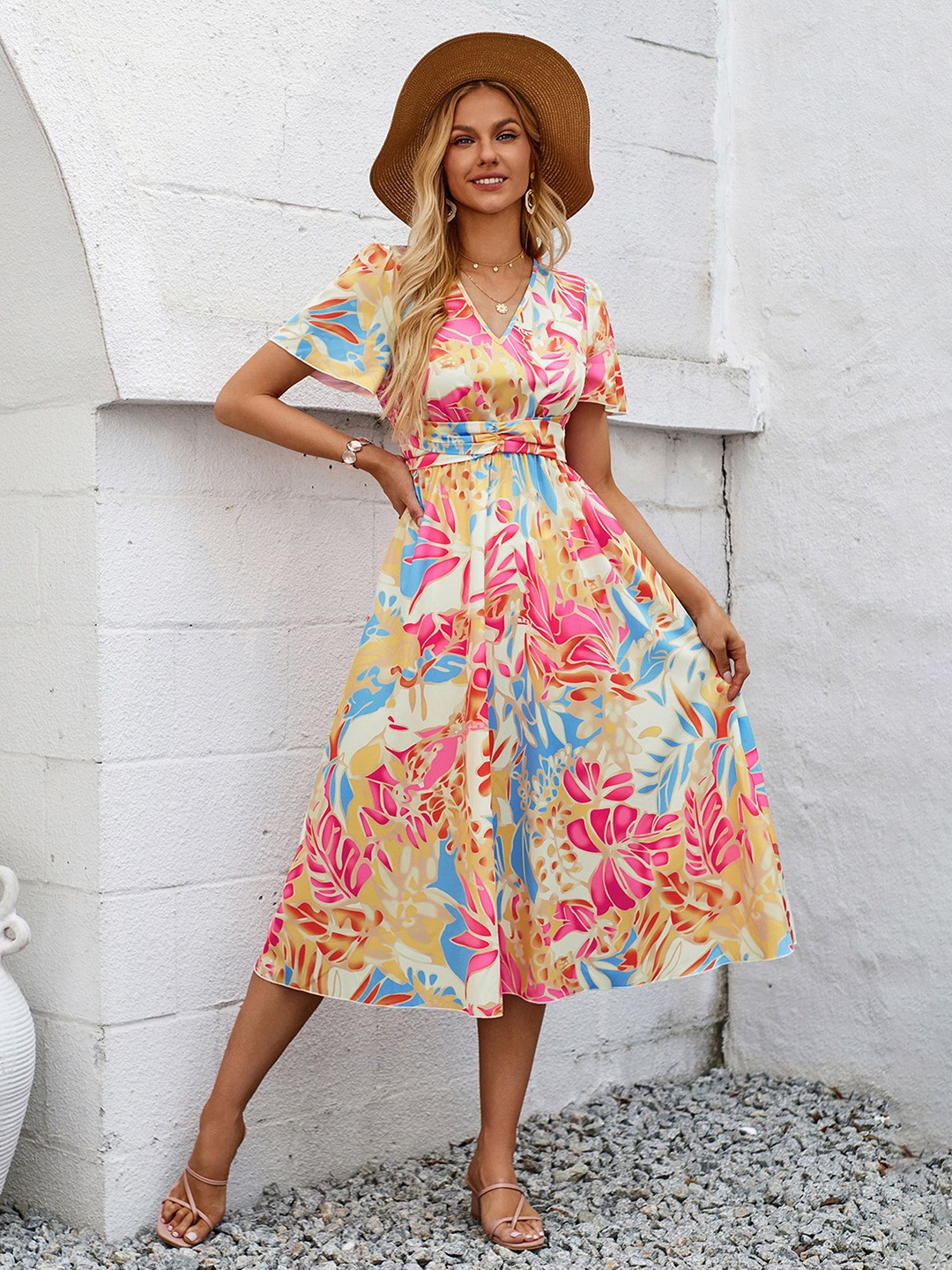 

LULU & SKY Floral Printed Flared Sleeve Fit and Flare Midi Dress, Pink